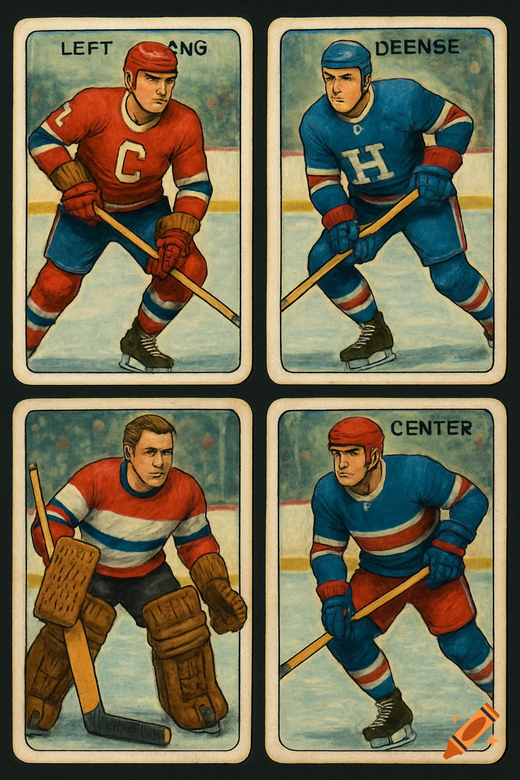Four illustrated vintage-style hockey cards showing players.