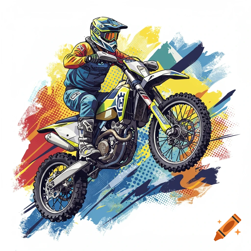 Illustration of a motocross rider on a dirt bike in a pop art style