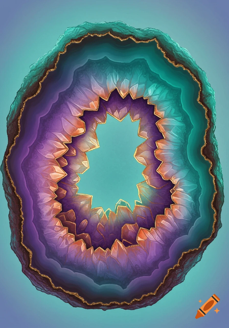 Teal, purple, and orange geode with gold accents