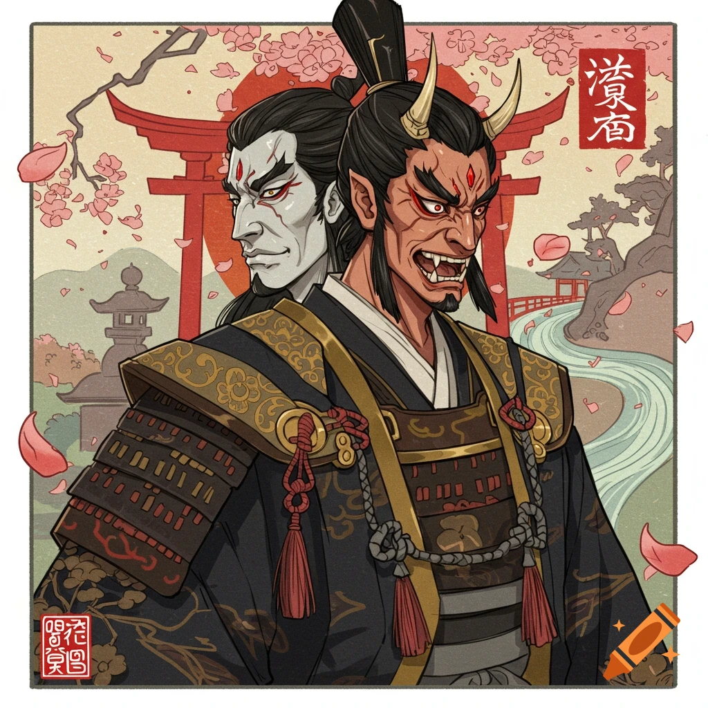 Illustration of two stylized figures in samurai/demon attire in a Japanese setting with a torii gate and cherry blossoms.