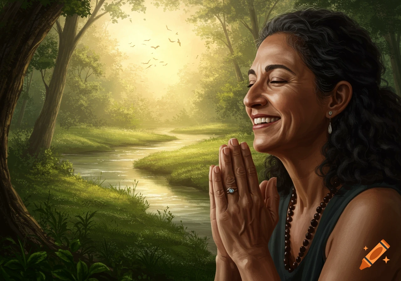 A person with eyes closed and hands clasped in prayer smiles in a lush forest by a stream.