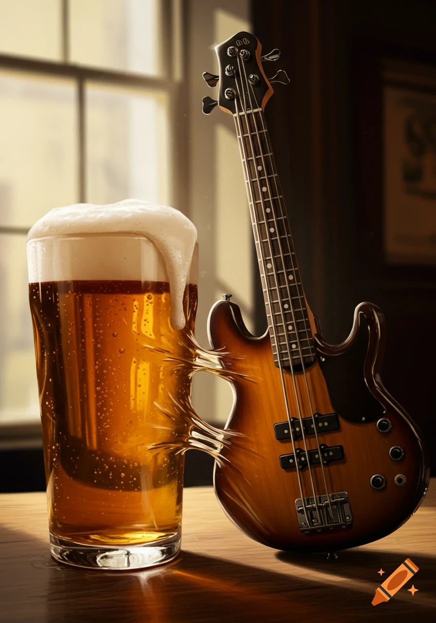 A glass of frothy beer transforms into a brown and black bass guitar on a wooden table.