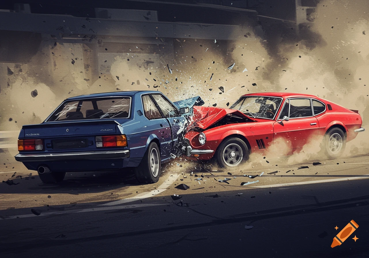 Two cars crashing in a cloud of dust and debris