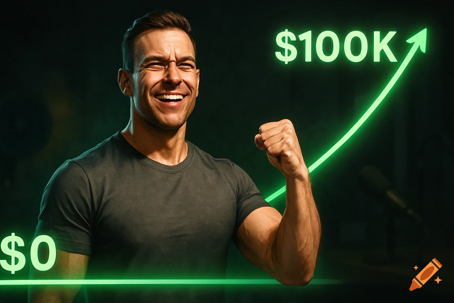 Man celebrates in front of a rising green graph from $0 to $100K. on ...