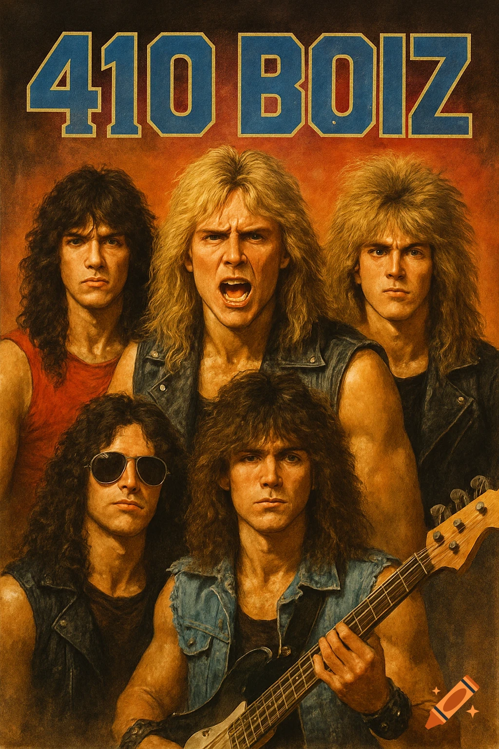 80s style rock band poster featuring men with long hair and text "410 BOIZ"