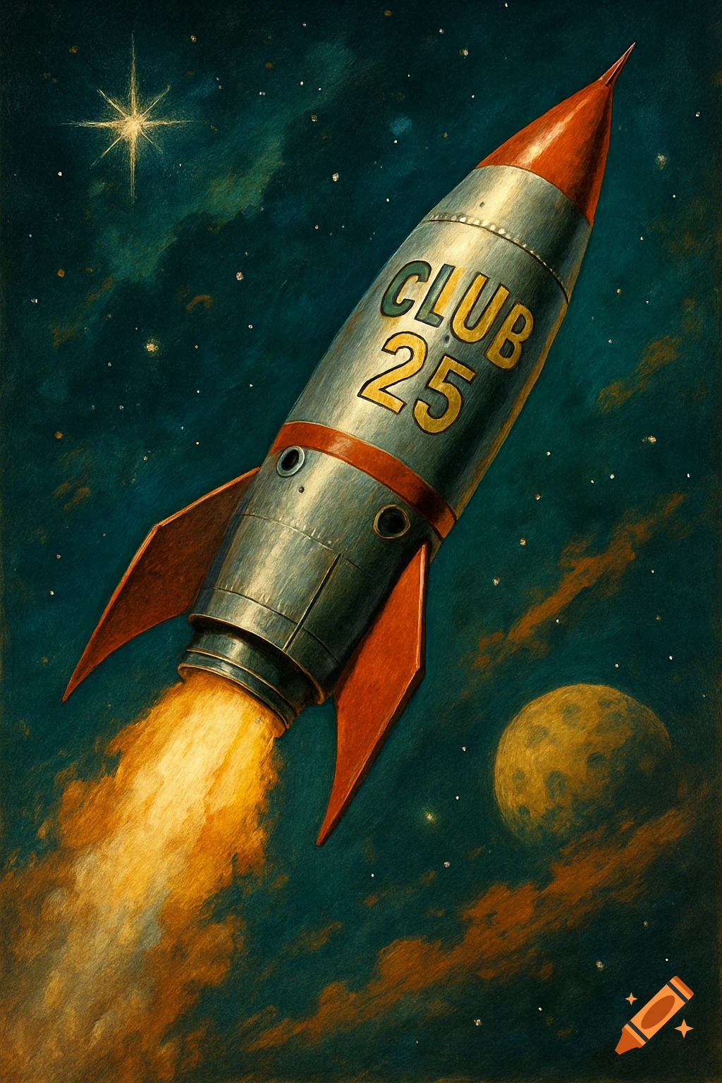 A retro-style rocket ship labeled CLUB 25 blasts off into space past a moon and stars.