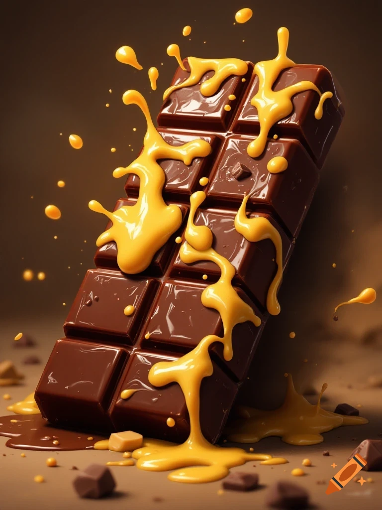 A close-up, dynamic shot of a chocolate bar with bright yellow melted cheese or sauce dripping and splattering around it. Photorealistic.