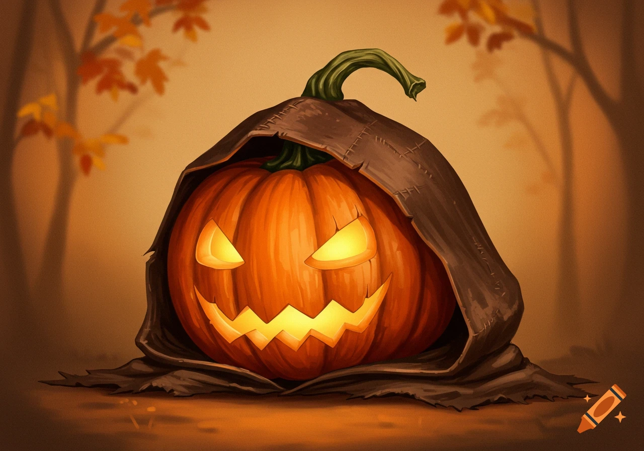 A carved Halloween pumpkin wears a hooded cloak in an autumn setting.