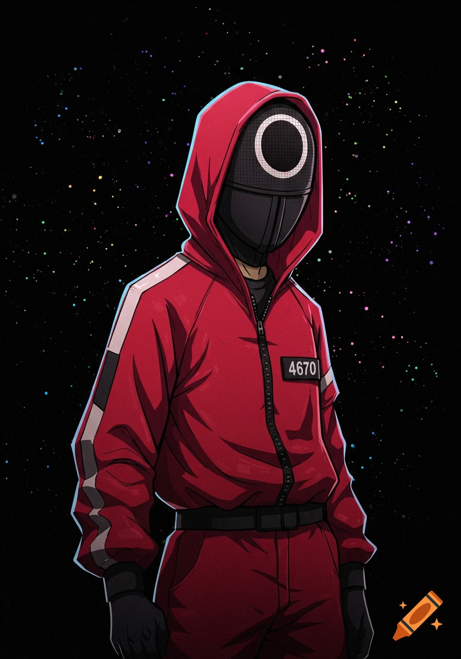 Squid Game character in red tracksuit and circle mask against a starry black background in anime style.