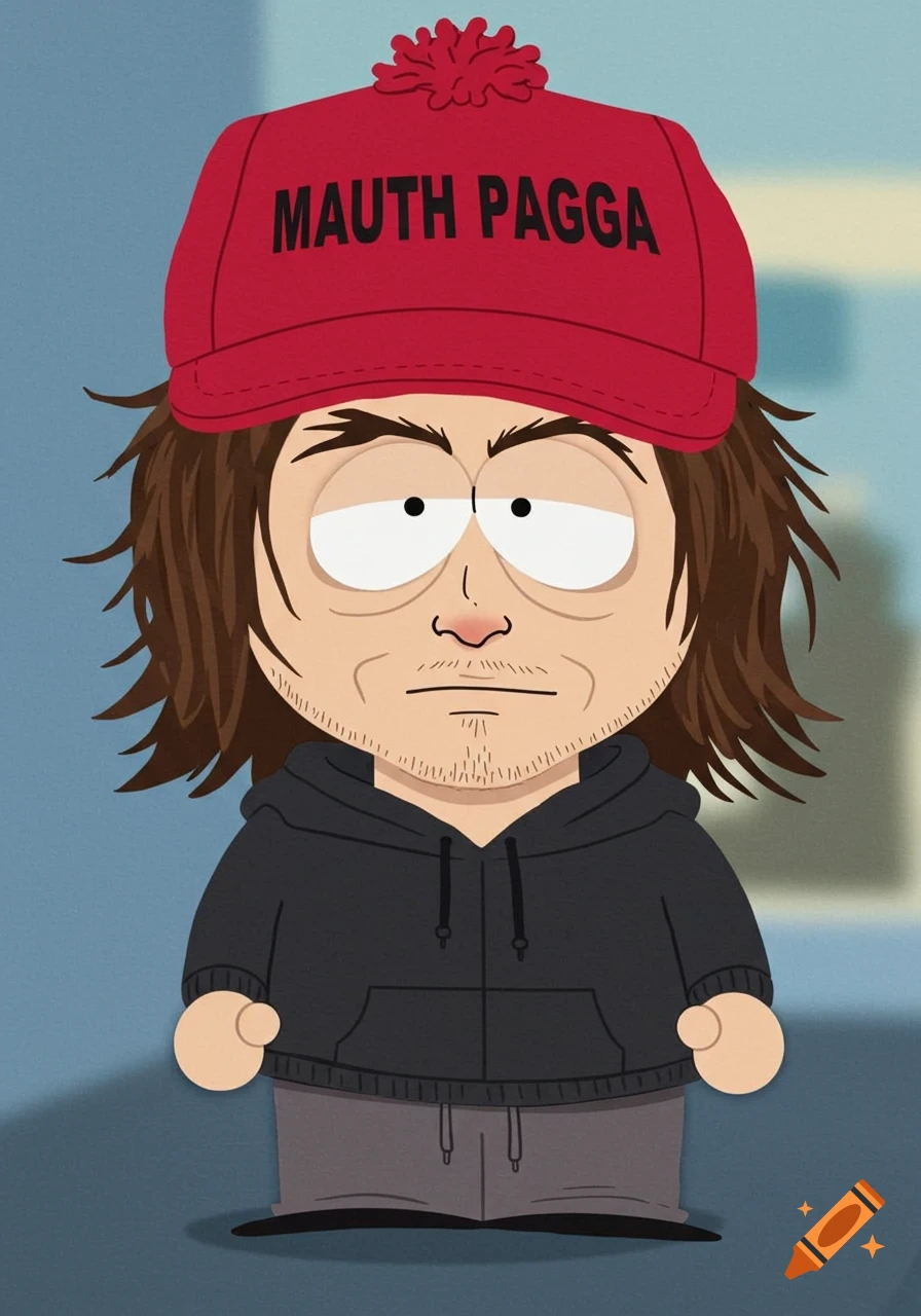South Park style character with red hat, hoodie, and grey pants