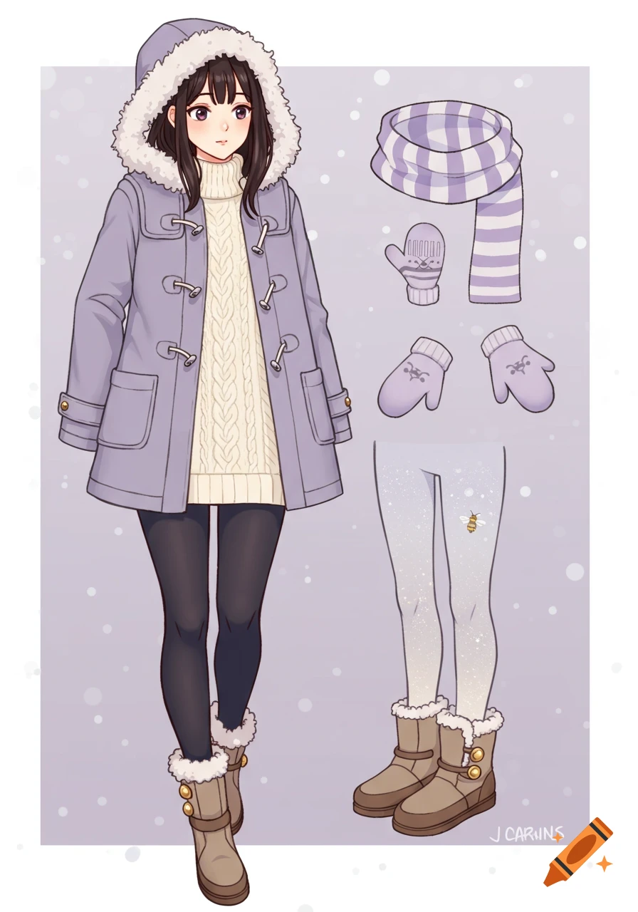 Anime style girl in winter coat with outfit details. on Craiyon, image size:896x1280