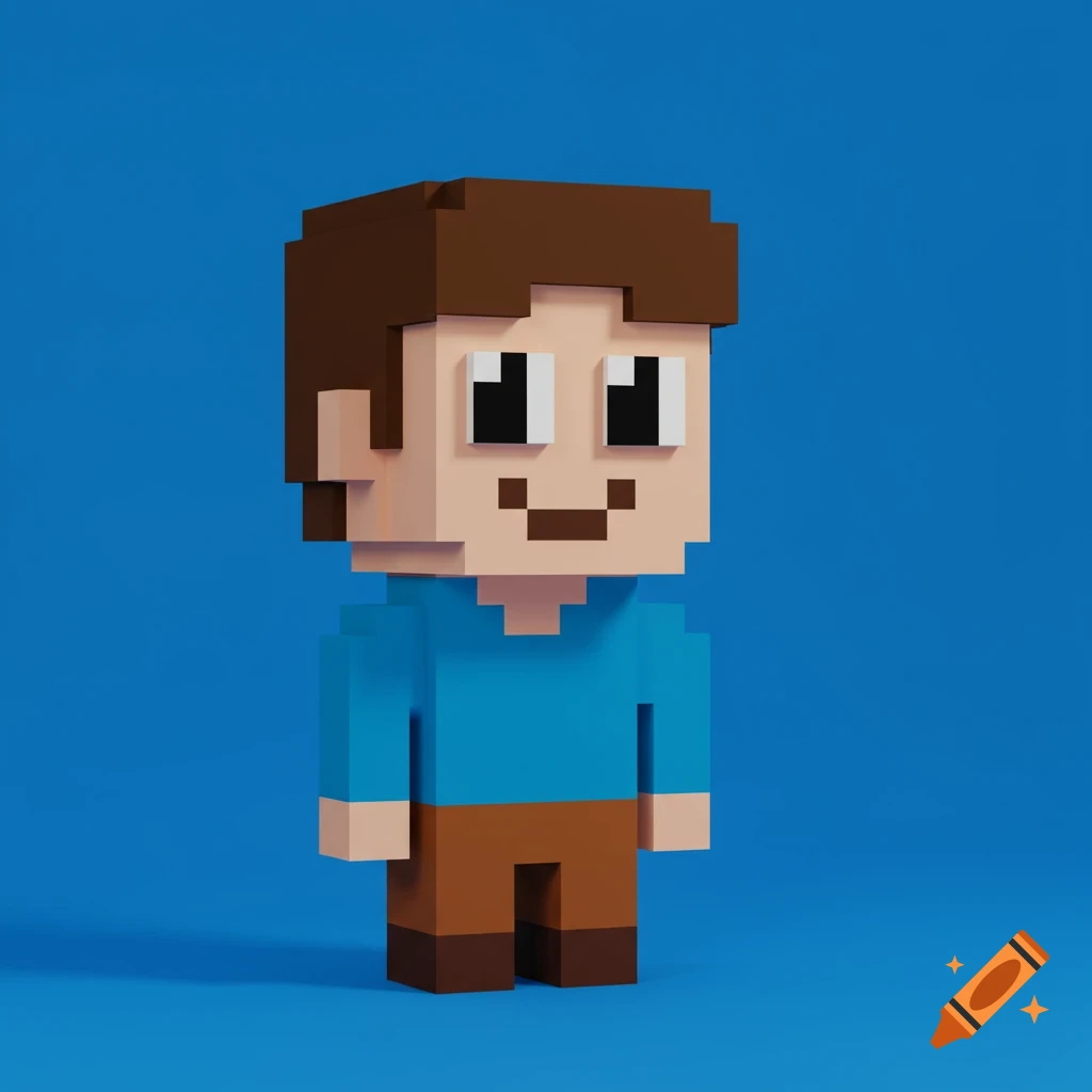 A voxel-style character standing against a blue background.