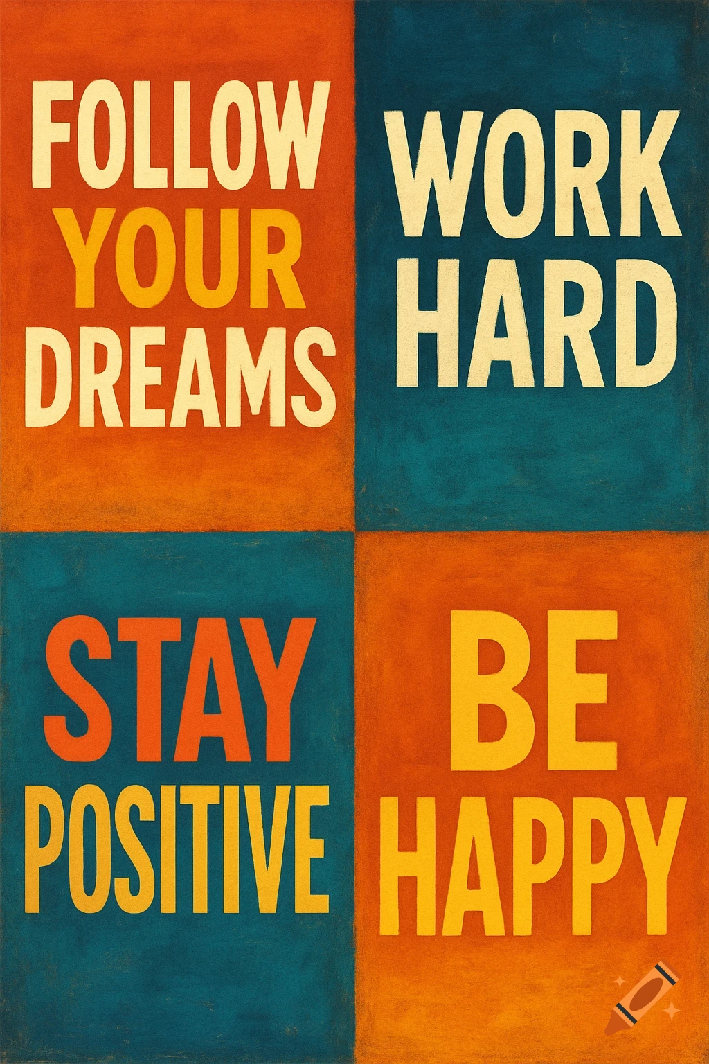 Motivational slogans 'Follow Your Dreams', 'Work Hard', 'Stay Positive', 'Be Happy' on a colorful block background.
