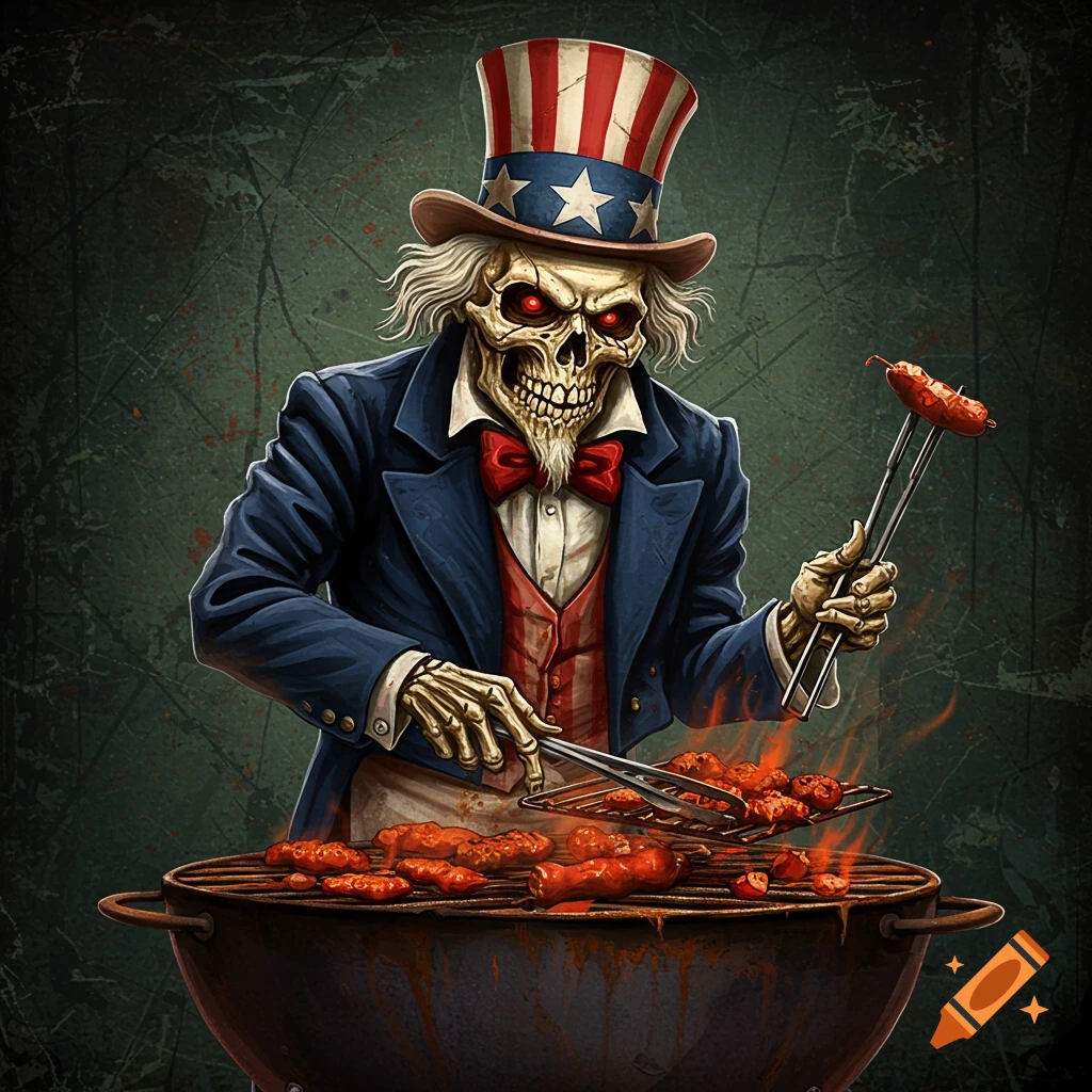 A skeletal Uncle Sam with glowing red eyes grills food in a distressed, grungy style.