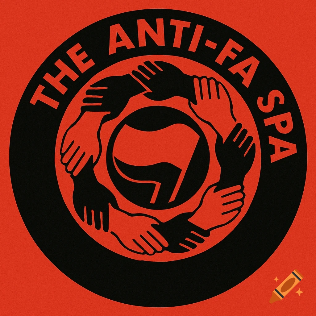 Round red and black logo with interwoven hands, flag symbol, and text "THE ANTI-FA SPA".
