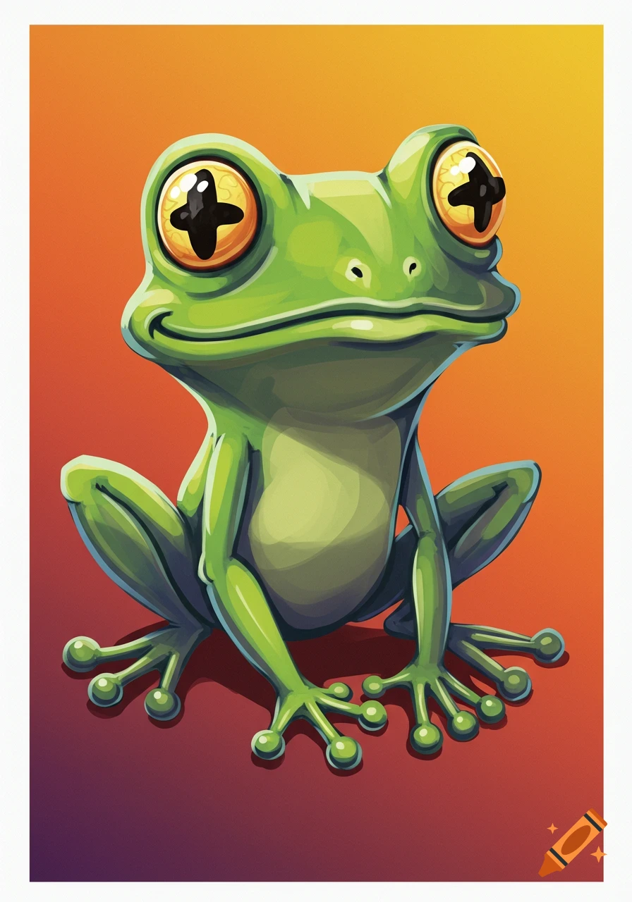 Cartoon frog with crossed eyes and an orange background.
