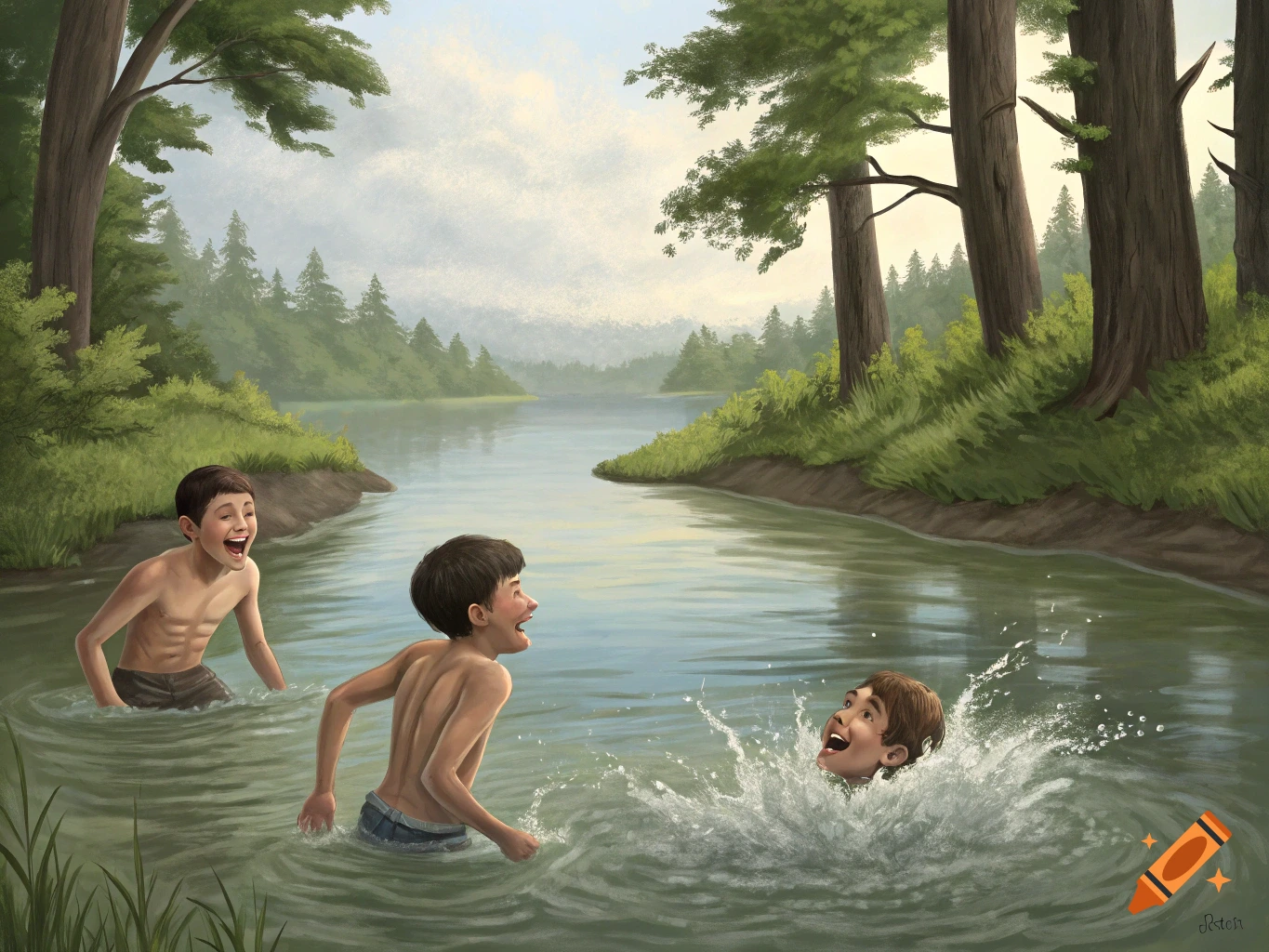 Illustration of three boys swimming and splashing in a river.