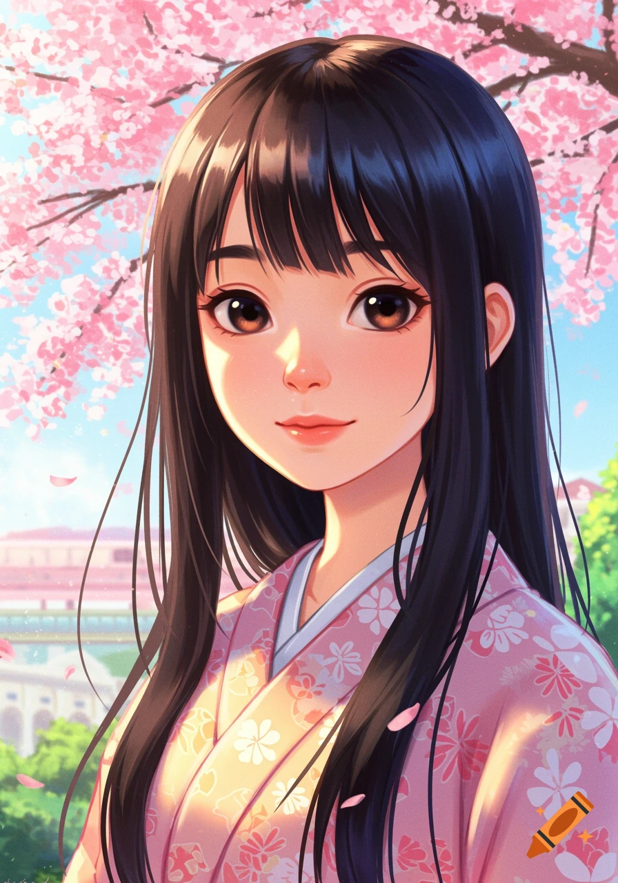 Anime portrait of an Asian girl in a pink kimono with long black hair, surrounded by cherry blossoms.