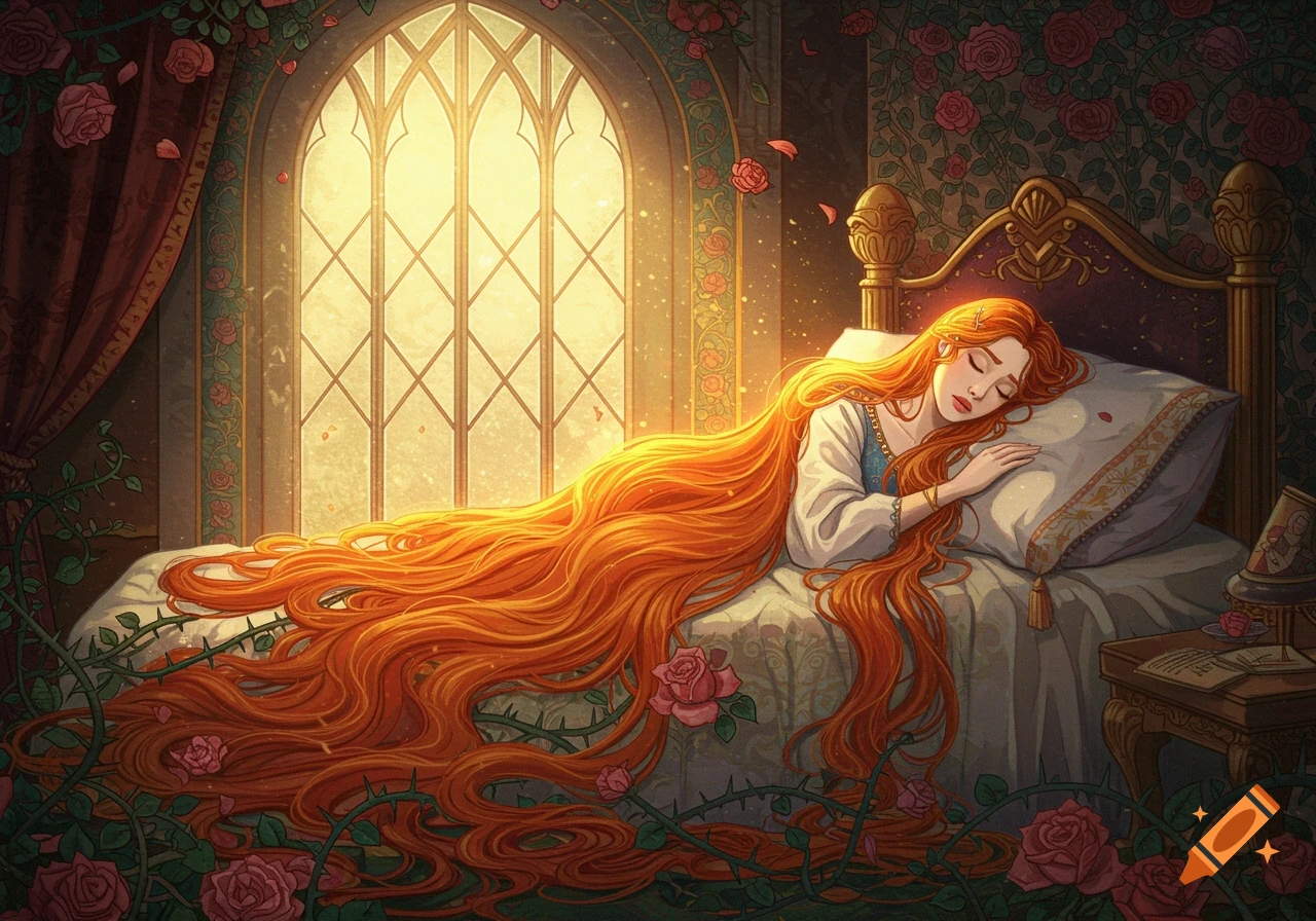 Illustration of a sleeping woman with extremely long red hair on a bed covered in roses and thorns, sunlight streaming from a window.