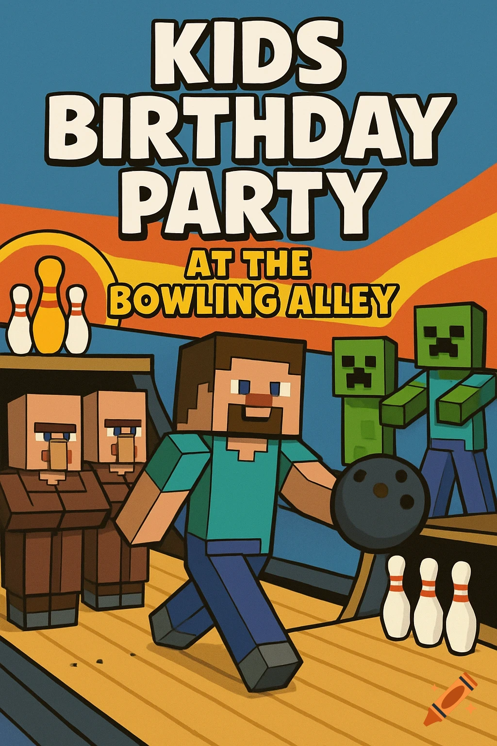 Minecraft characters bowling at a kids birthday party, poster illustration.