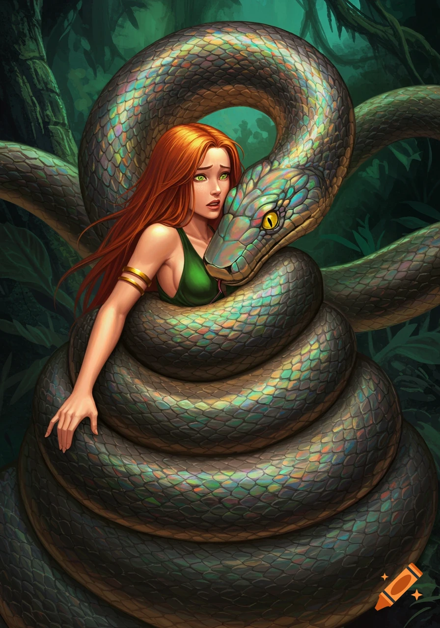 A woman with red hair is wrapped in the coils of a large snake in a jungle, fantasy art.