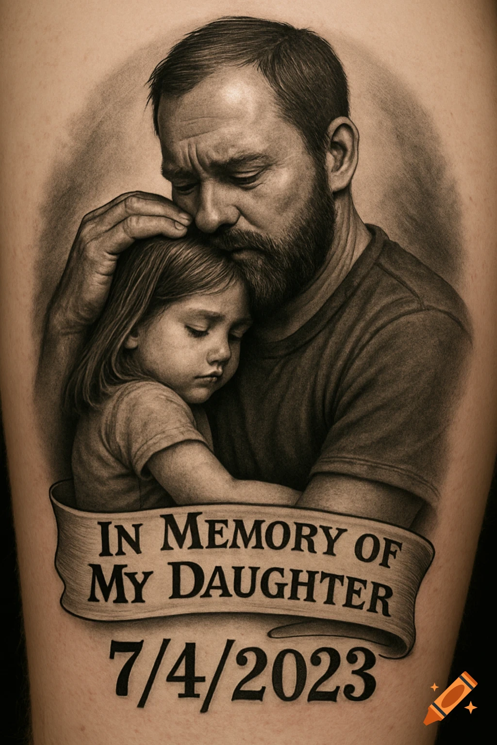 Black and grey tattoo design of a father hugging his daughter, with a banner saying 'In Memory of My Daughter 7/4/2023'.