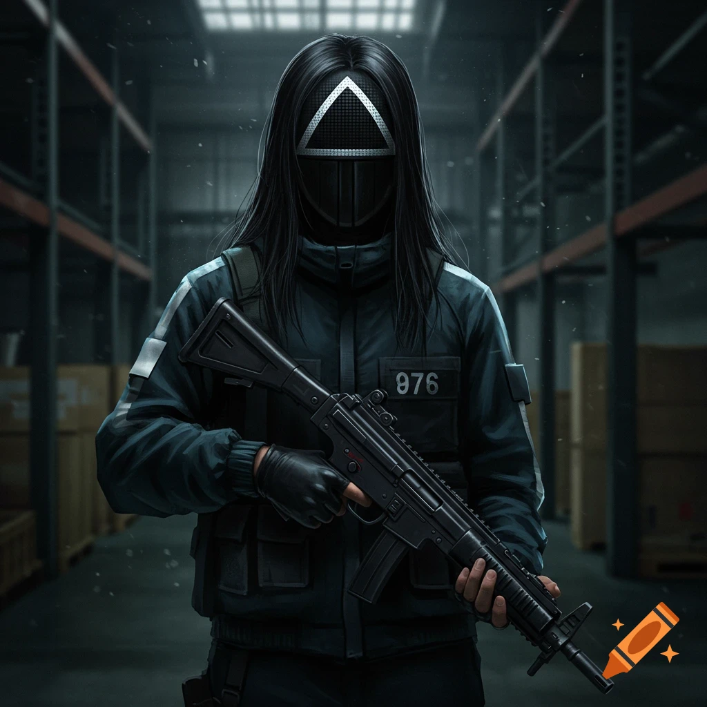 Squid Game guard in uniform and mask holding a rifle in a warehouse.
