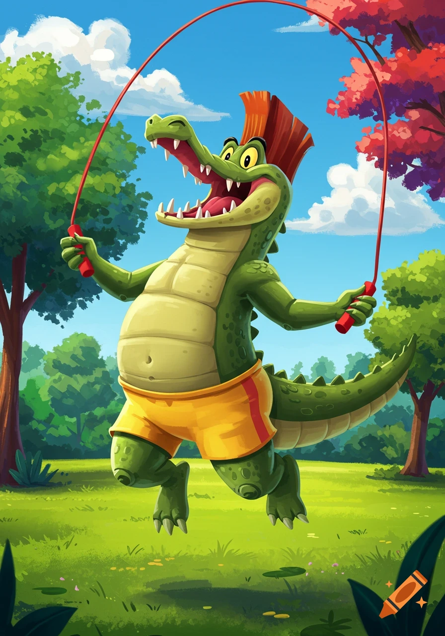 A cartoon alligator jump roping in a park.