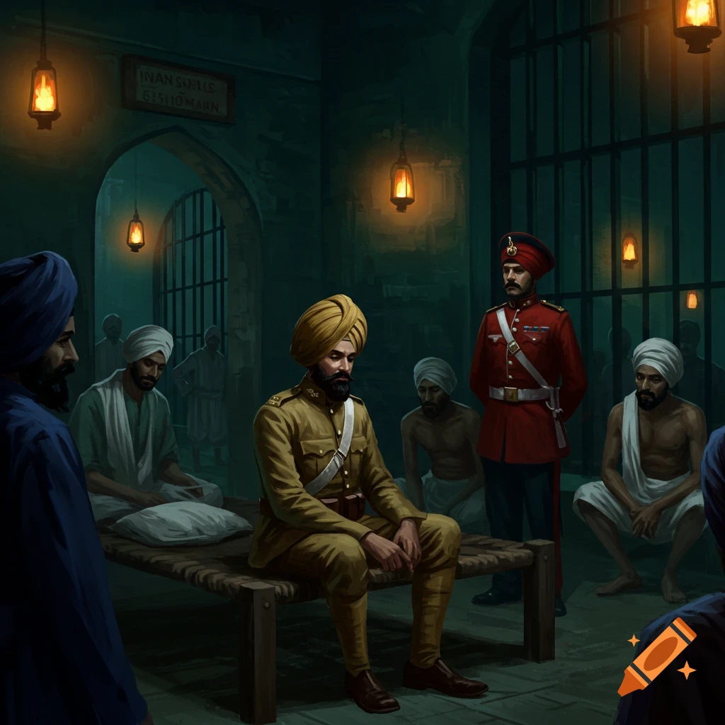 An Indian soldier sits on a cot in a dimly lit jail cell while a British officer stands nearby, with other men seated around.