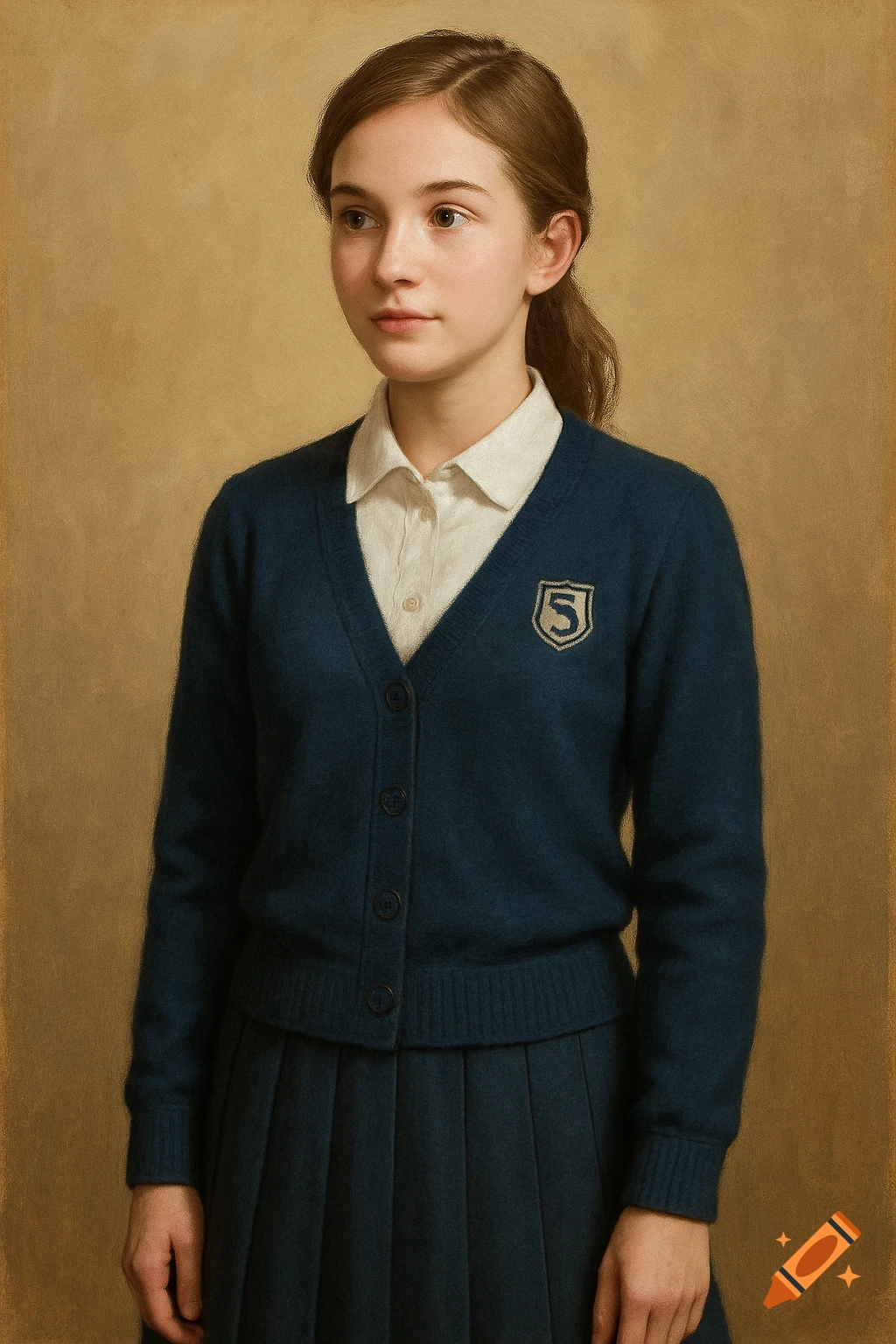 Young woman in a dark blue school uniform cardigan and pleated skirt with a white shirt, standing against a neutral background.