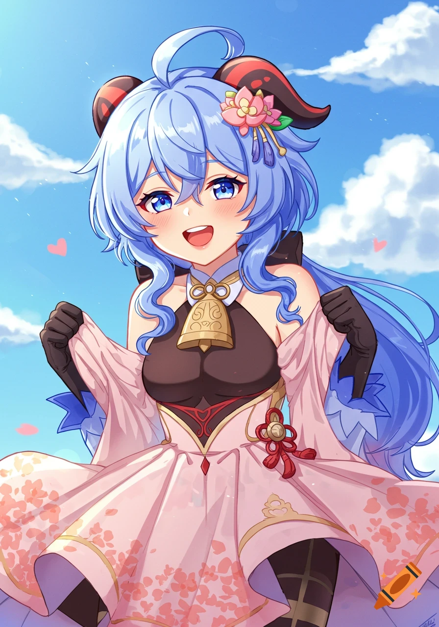 Anime drawing of Ganyu from Genshin Impact smiling in a pink dress under a blue sky.