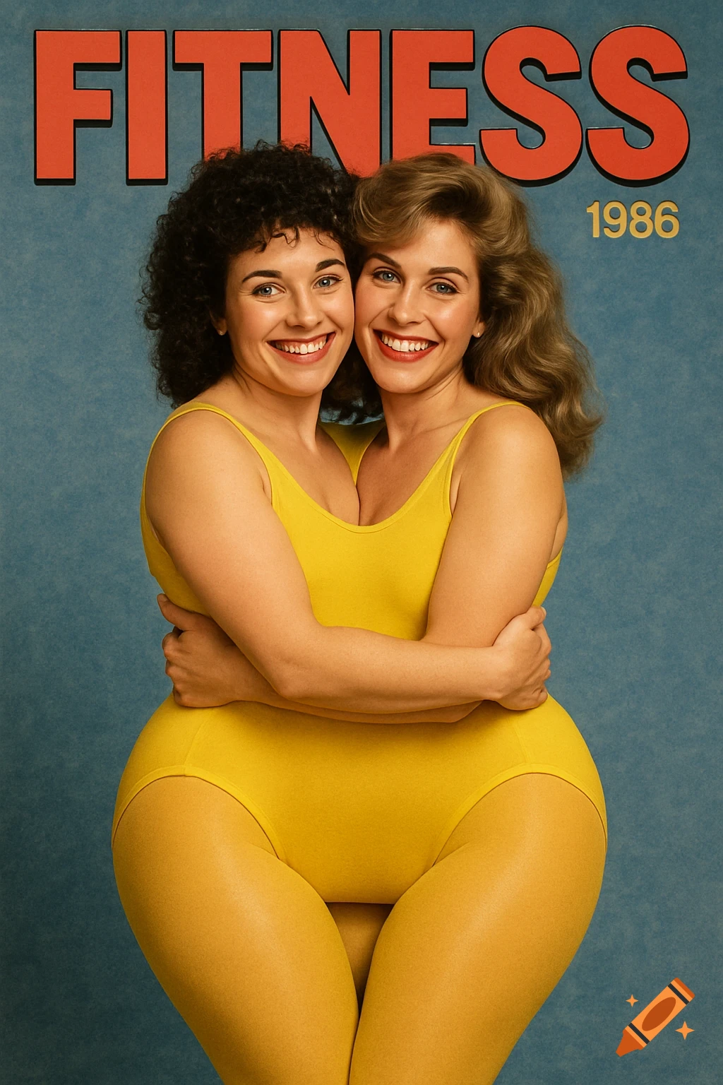 Two women in yellow leotards hugging under 'FITNESS 1986' magazine text.