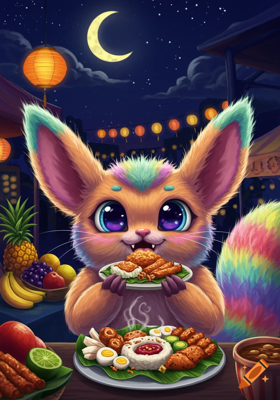 Cute fantasy creature eating food at a night market under a crescent moon.