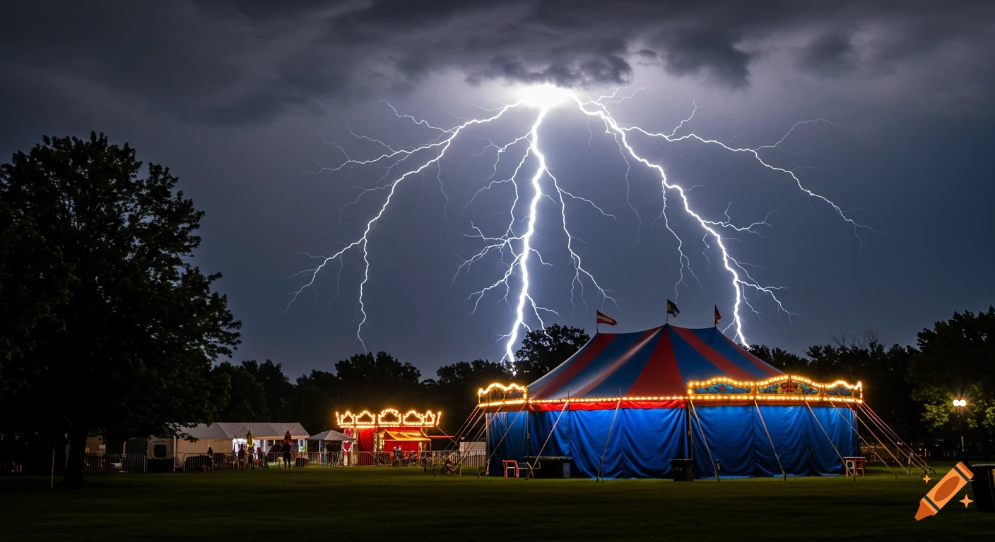 A lightning strike illuminates a blue and red circus tent during a thunderstorm at night.