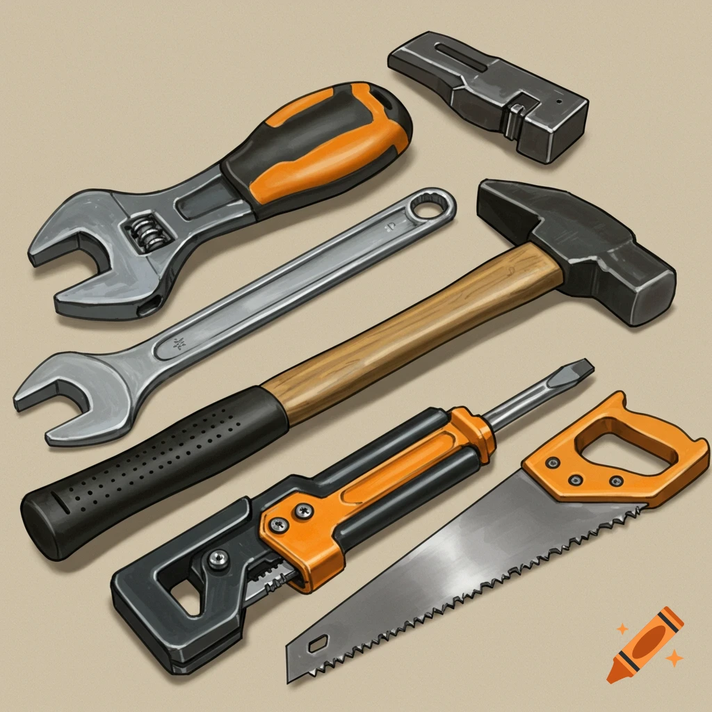 Illustration of various hardware tools, including wrenches, a hammer, a saw, and a utility knife.