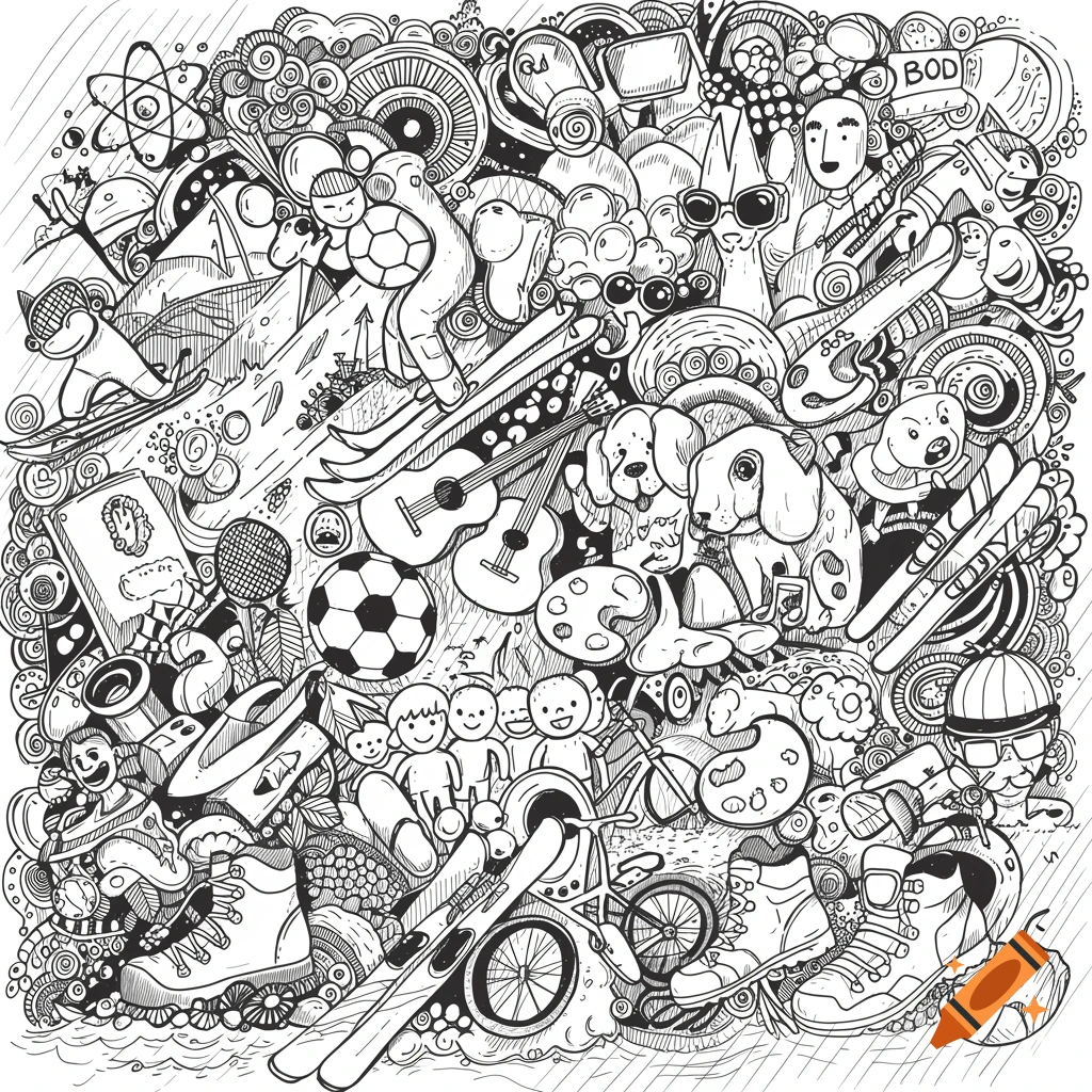 Busy black and white doodle art collage of various sports, hobbies, science, and figures.