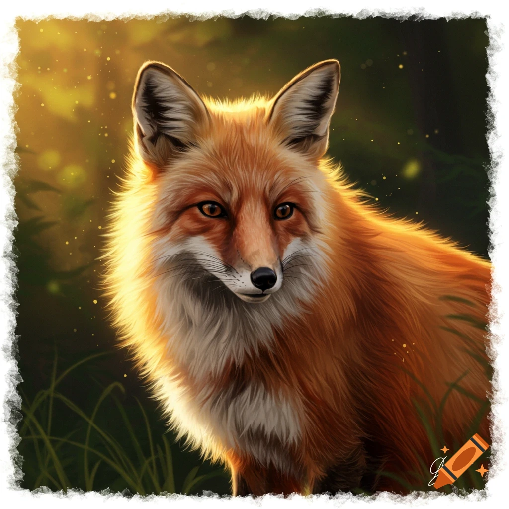 A detailed digital painting of a red fox in a forest clearing with ...