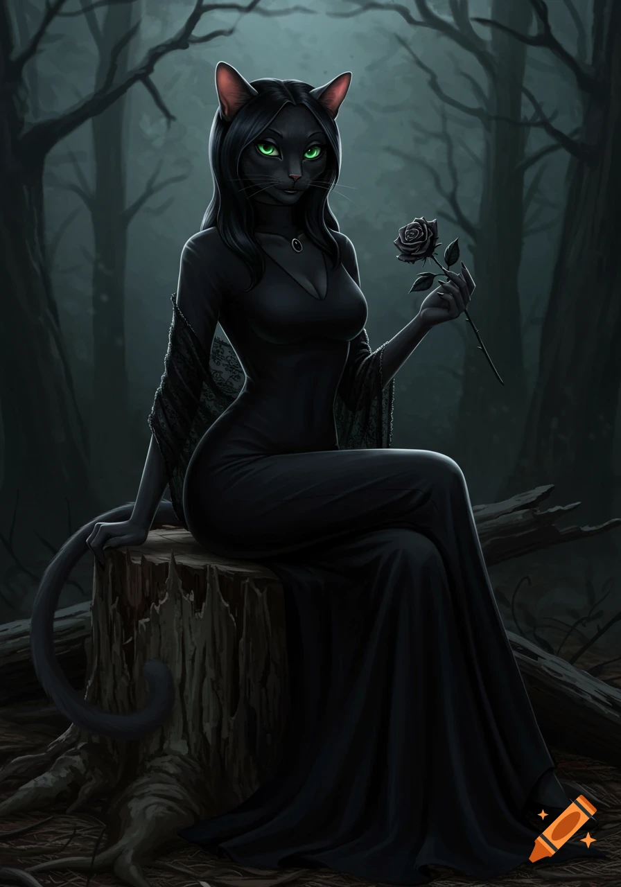 Anthro black cat woman in a black dress holds a black rose in a dark forest.