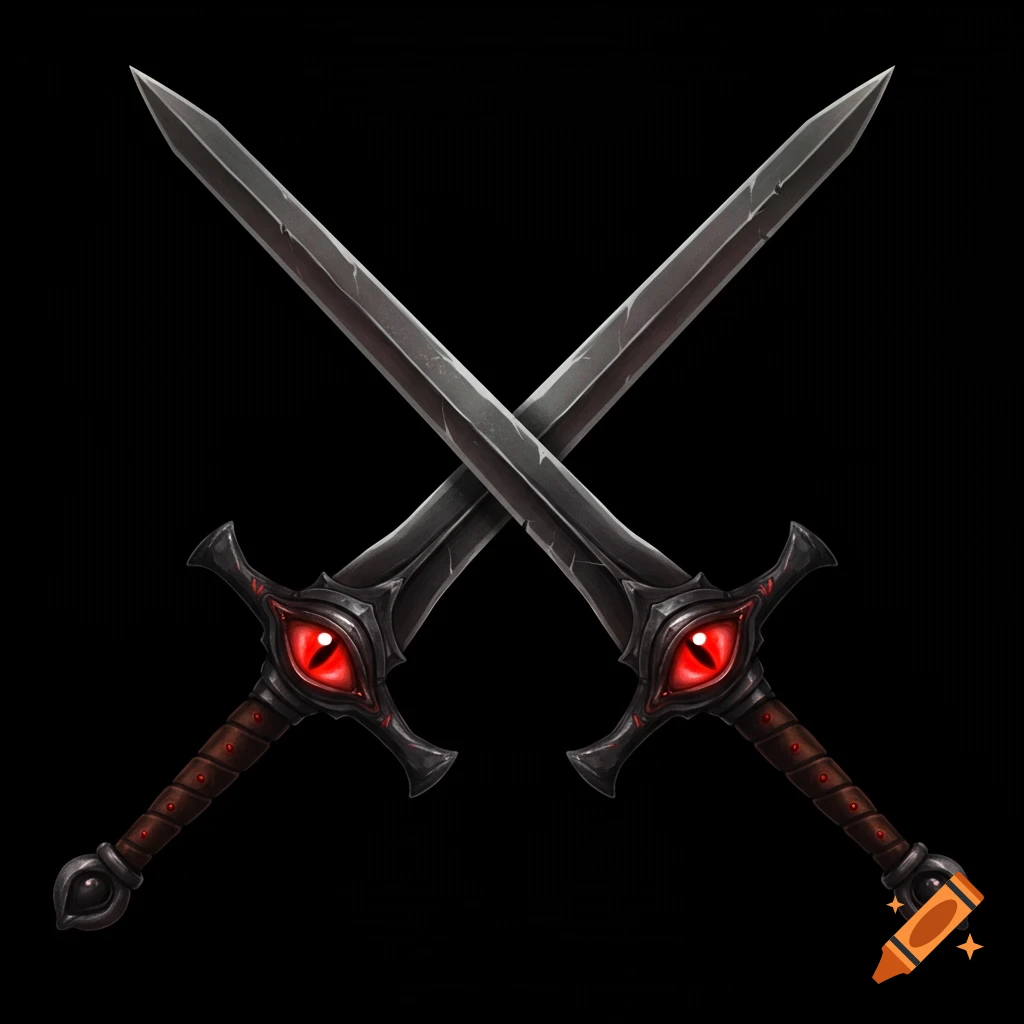 Two crossed swords with red eyes on their hilts on a black background.