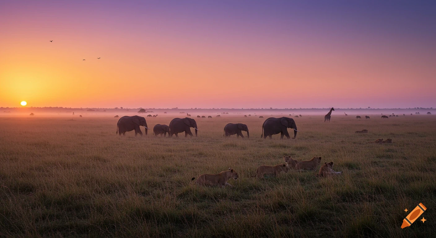 Elephants, lions, and a giraffe in a misty African savanna at sunrise.