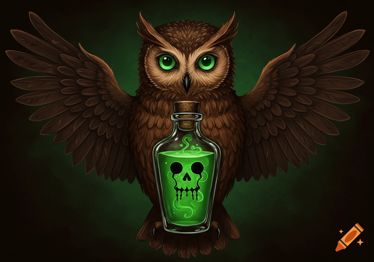 An illustration of an owl holding a glowing green bottle with a skull symbol.