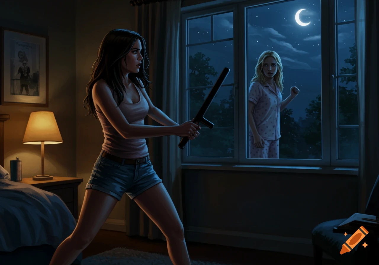 A woman holding a baton confronts a woman looking through a bedroom window at night.