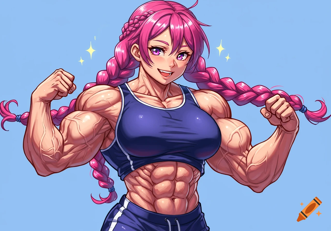 An anime girl with pink braided hair flexing her large muscles.