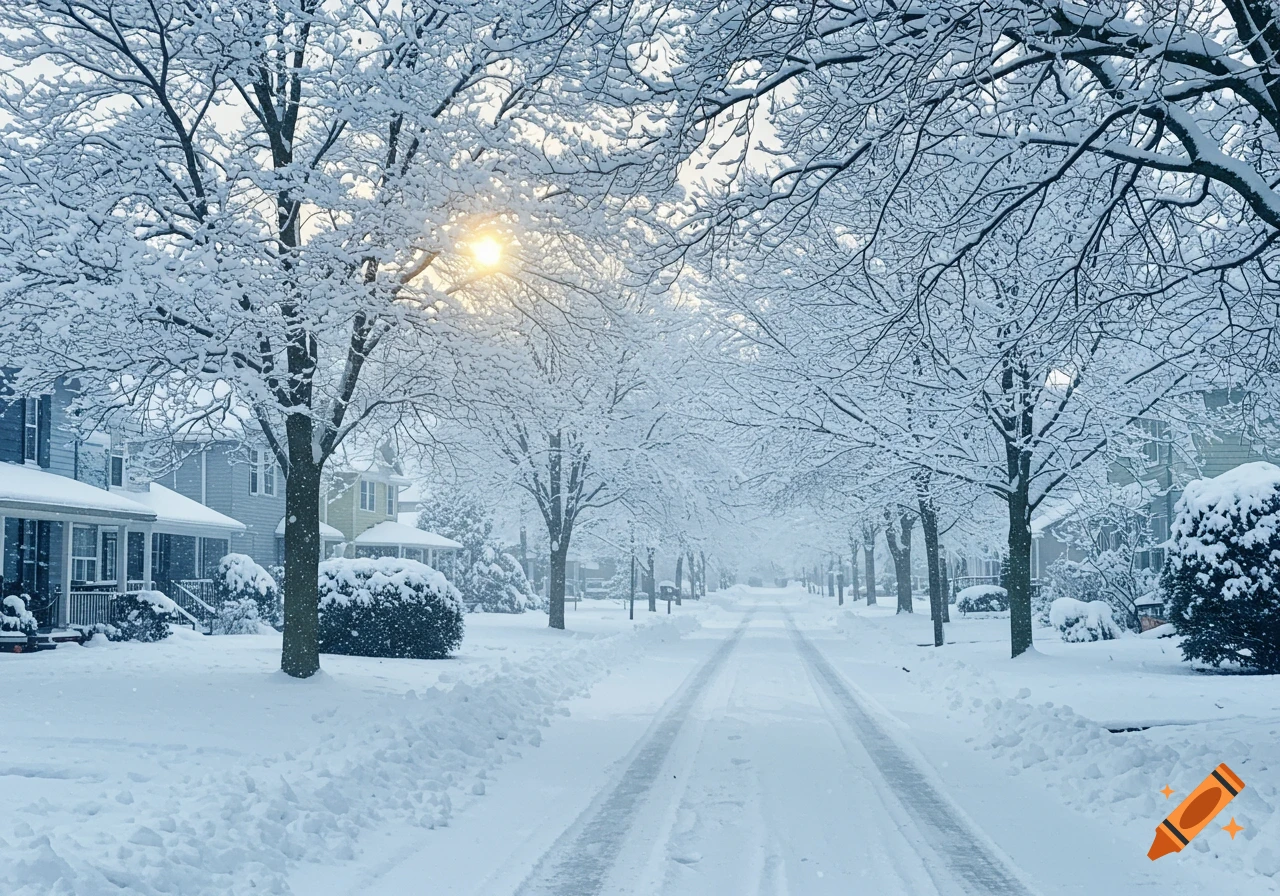 Photorealistic view of a snow-covered residential street with houses and trees, sunlight shining through branches.