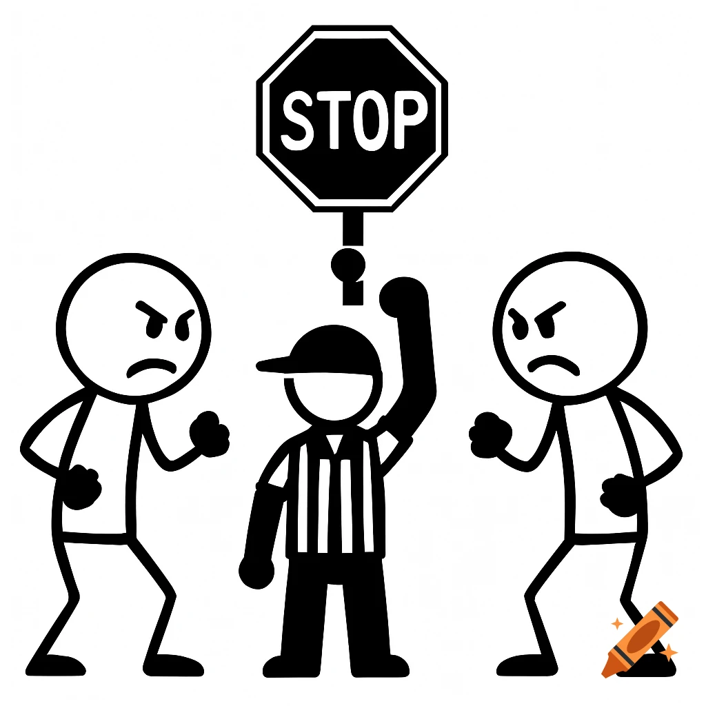 A stick figure referee holds a stop sign between two angry stick figures.