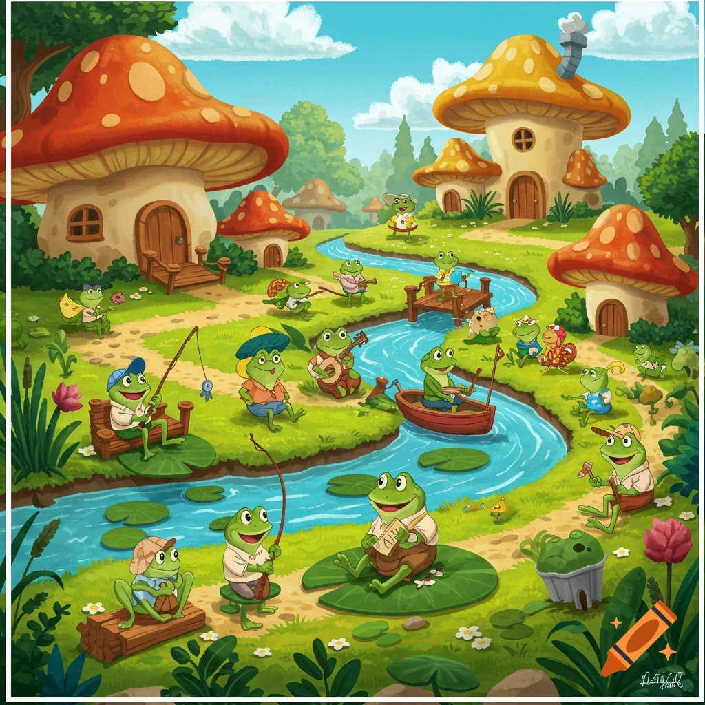 A cartoon fantasy scene with many frogs fishing, playing music, and rowing boats around mushroom houses by a river.