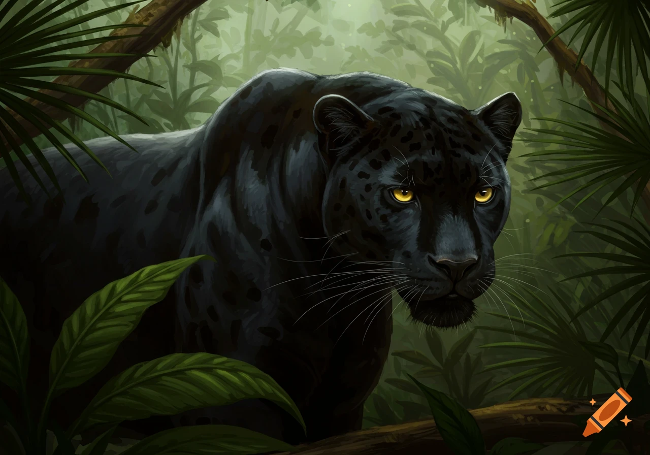A black panther is partially hidden among dark jungle leaves and branches