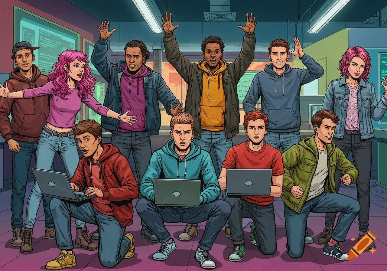 Comic book illustration of a group of young coders posing with laptops in a tech room.