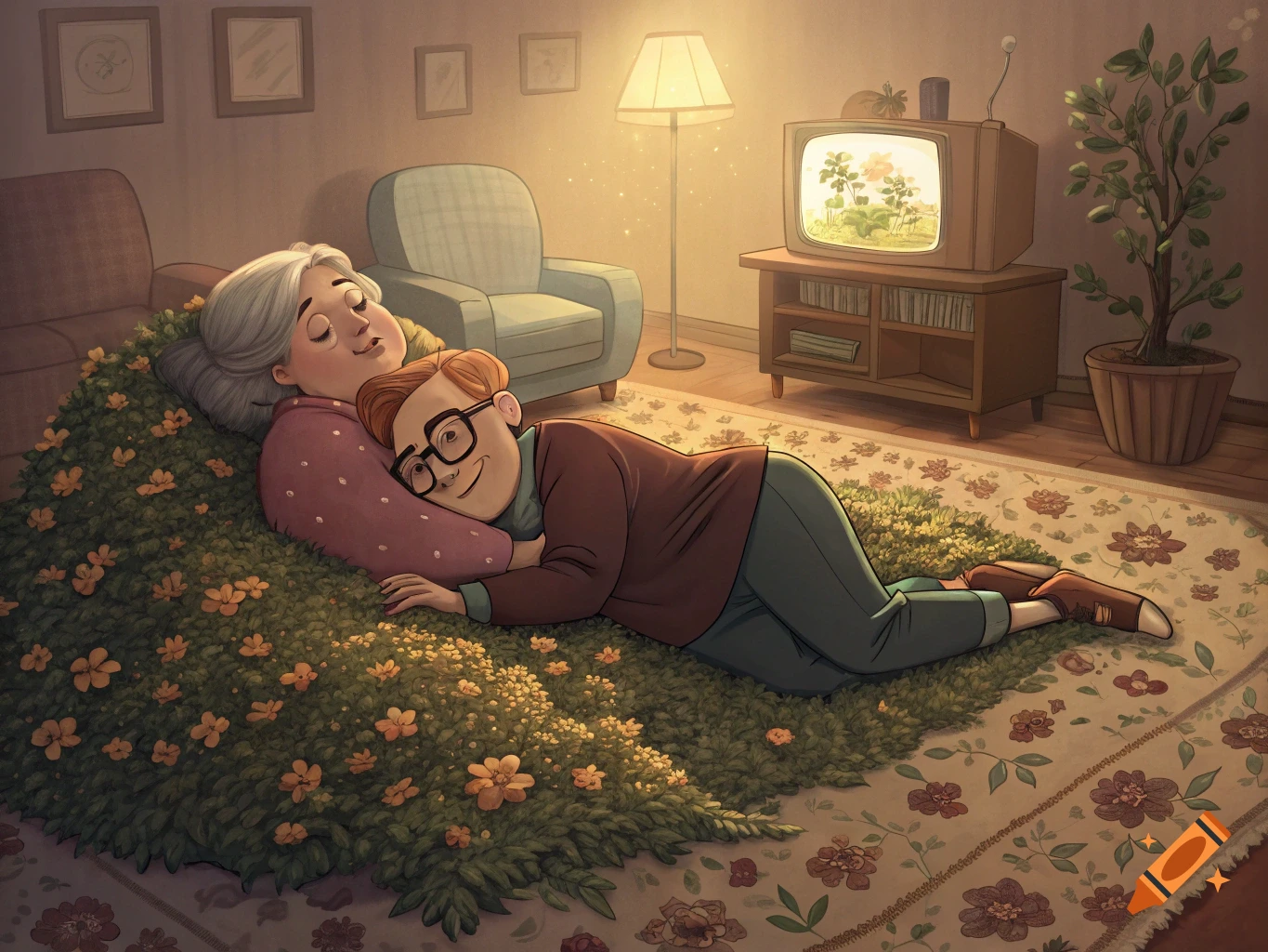 Illustration of an older woman and younger man lying on flowers and grass on a living room floor, watching TV.