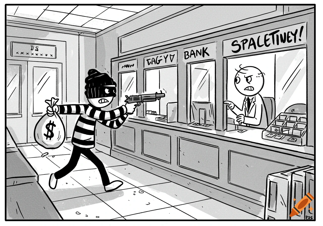 A black and white cartoon of a stick figure robber with a gun and money bag robbing a bank teller.